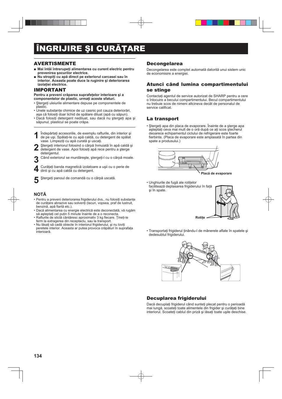 Îngrijire şi curăţare | Sharp SJ-FJ810VBK User Manual | Page 134 / 232