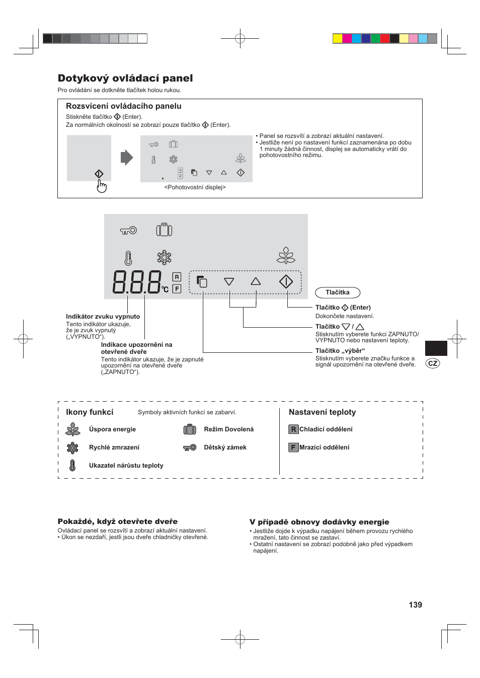 Dotykový ovládací panel, Rozsvícení ovládacího panelu, Ikony funkcí | Nastavení teploty | Sharp SJ-FJ810VBK User Manual | Page 139 / 232