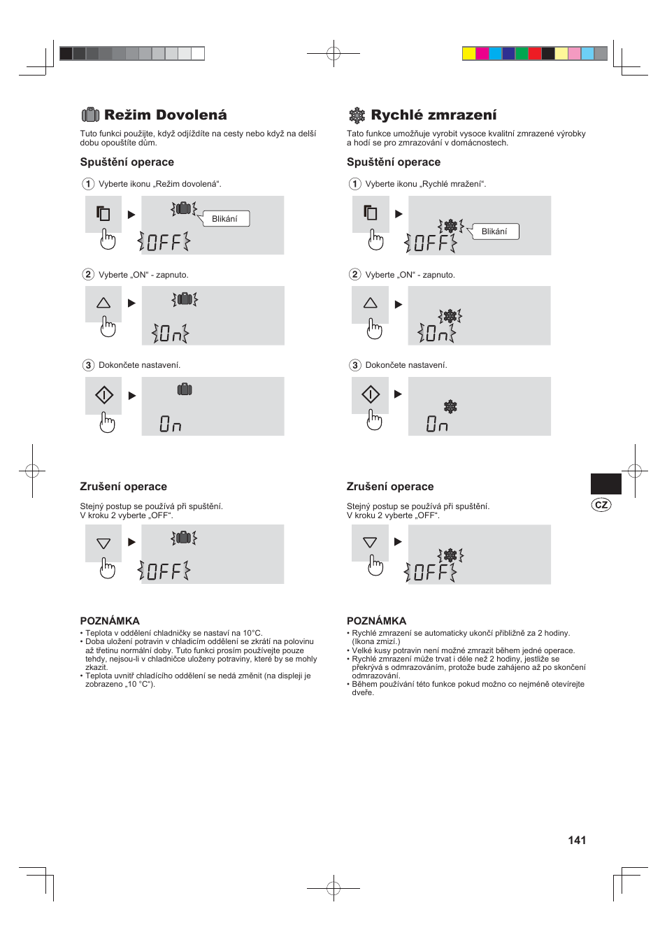 Režim dovolená, Rychlé zmrazení | Sharp SJ-FJ810VBK User Manual | Page 141 / 232