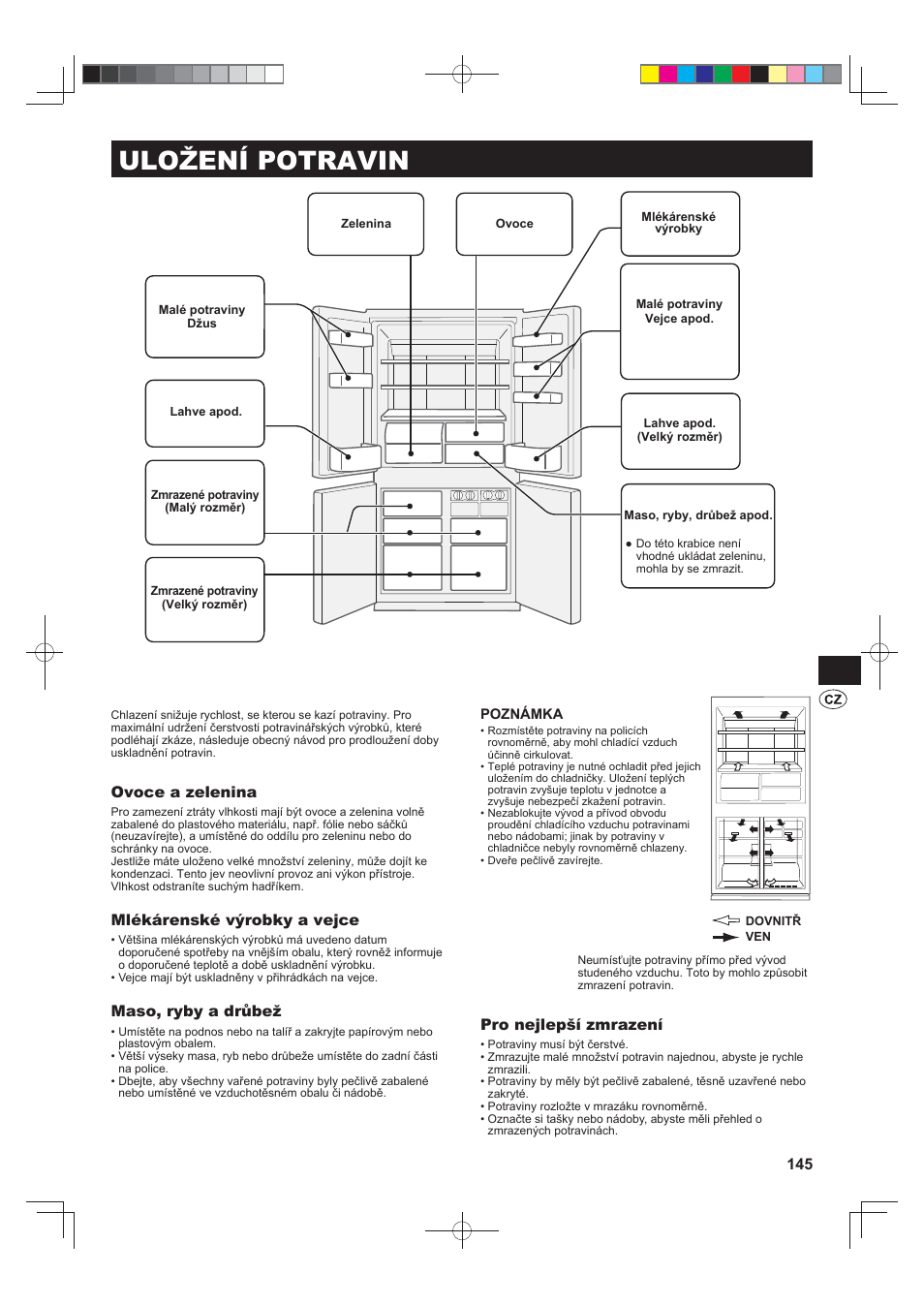 Uložení potravin, Ovoce a zelenina, Mlékárenské výrobky a vejce | Maso, ryby a drůbež, Pro nejlepší zmrazení | Sharp SJ-FJ810VBK User Manual | Page 145 / 232