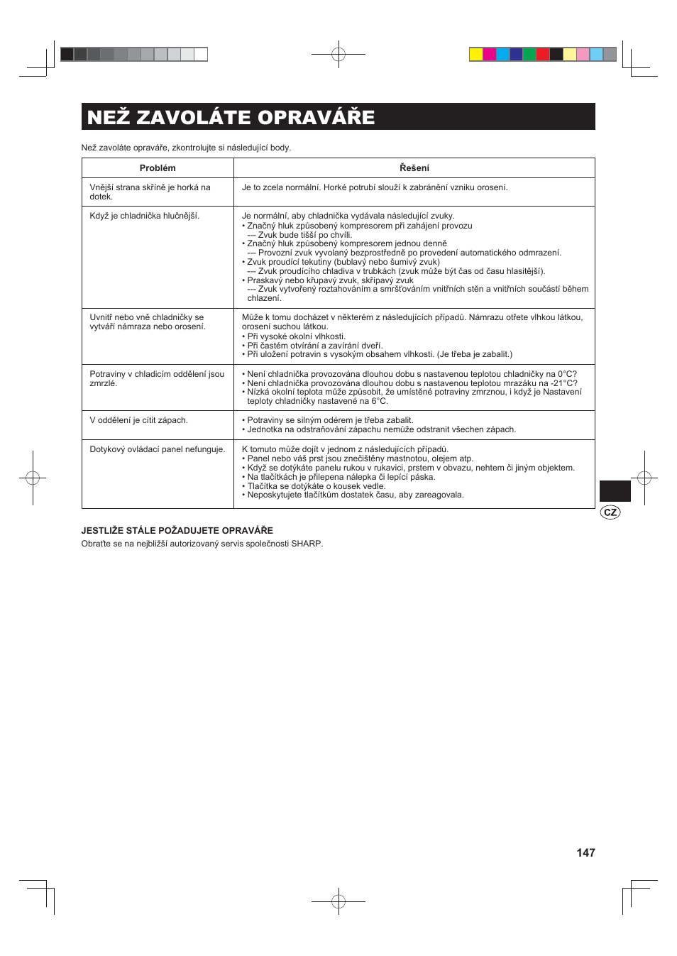 Než zavoláte opraváře | Sharp SJ-FJ810VBK User Manual | Page 147 / 232