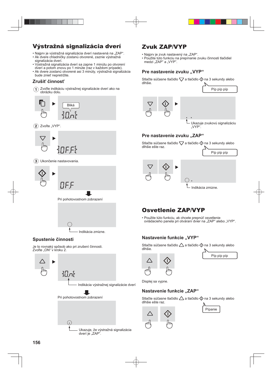 Výstražná signalizácia dverí, Zvuk zap/vyp, Osvetlenie zap/vyp | Sharp SJ-FJ810VBK User Manual | Page 156 / 232