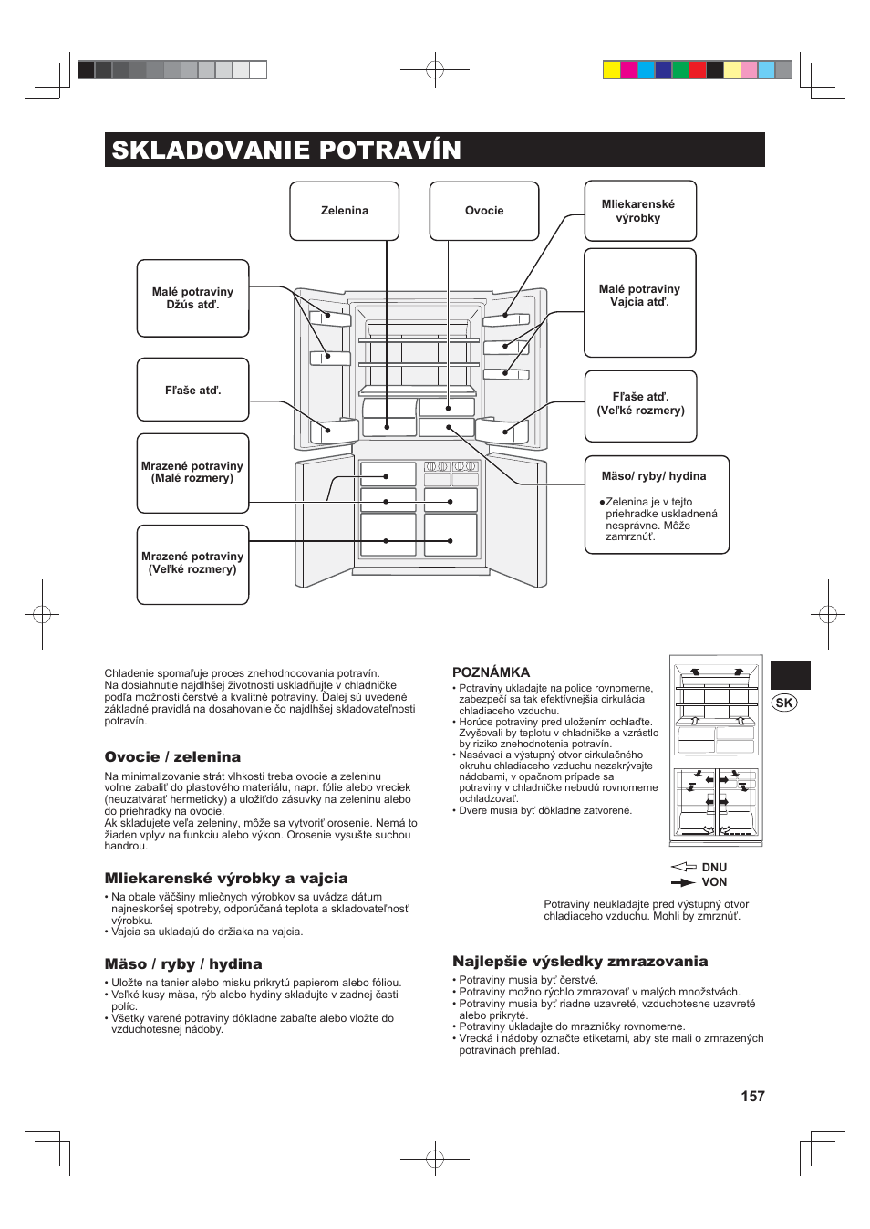 Skladovanie potravín, Ovocie / zelenina, Mliekarenské výrobky a vajcia | Mäso / ryby / hydina, Najlepšie výsledky zmrazovania | Sharp SJ-FJ810VBK User Manual | Page 157 / 232