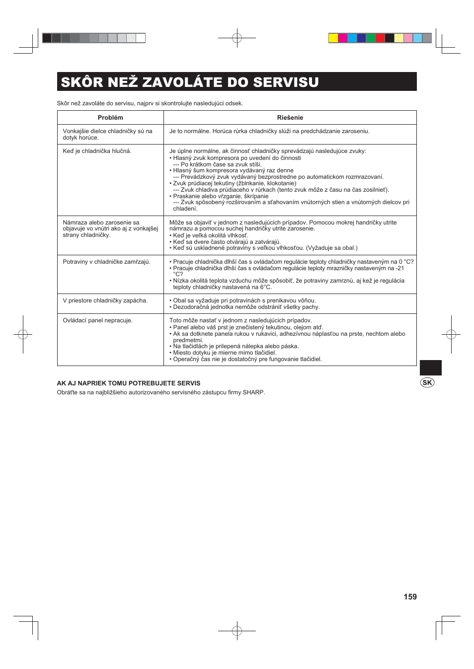 Skôr než zavoláte do servisu | Sharp SJ-FJ810VBK User Manual | Page 159 / 232