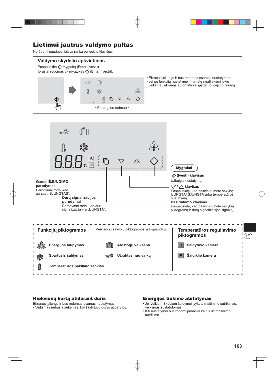 Lietimui jautrus valdymo pultas, Valdymo skydelio apšvietimas, Funkcijų piktogramos | Temperatūros reguliavimo piktogramos | Sharp SJ-FJ810VBK User Manual | Page 163 / 232