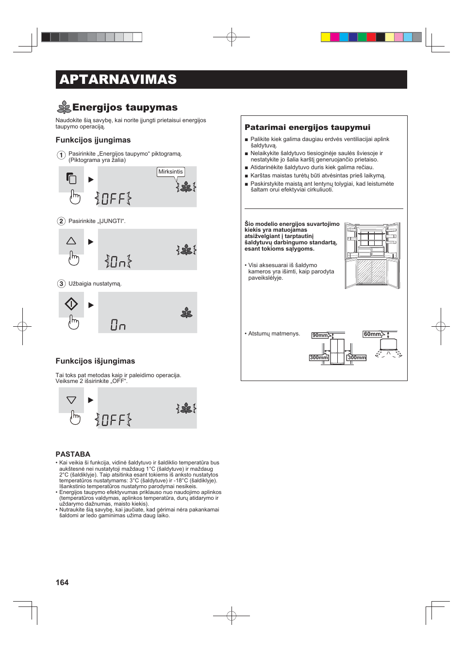 Aptarnavimas, Energijos taupymas, Funkcijos įjungimas | Funkcijos išjungimas, Patarimai energijos taupymui | Sharp SJ-FJ810VBK User Manual | Page 164 / 232