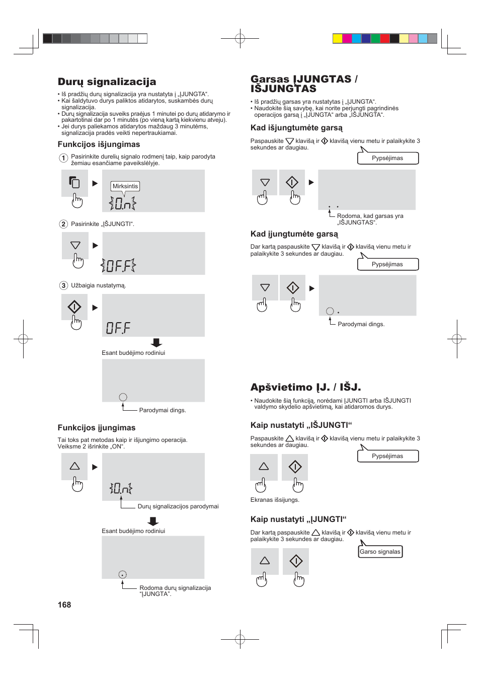 Durų signalizacija, Garsas įjungtas / išjungtas, Apšvietimo įj. / išj | Sharp SJ-FJ810VBK User Manual | Page 168 / 232