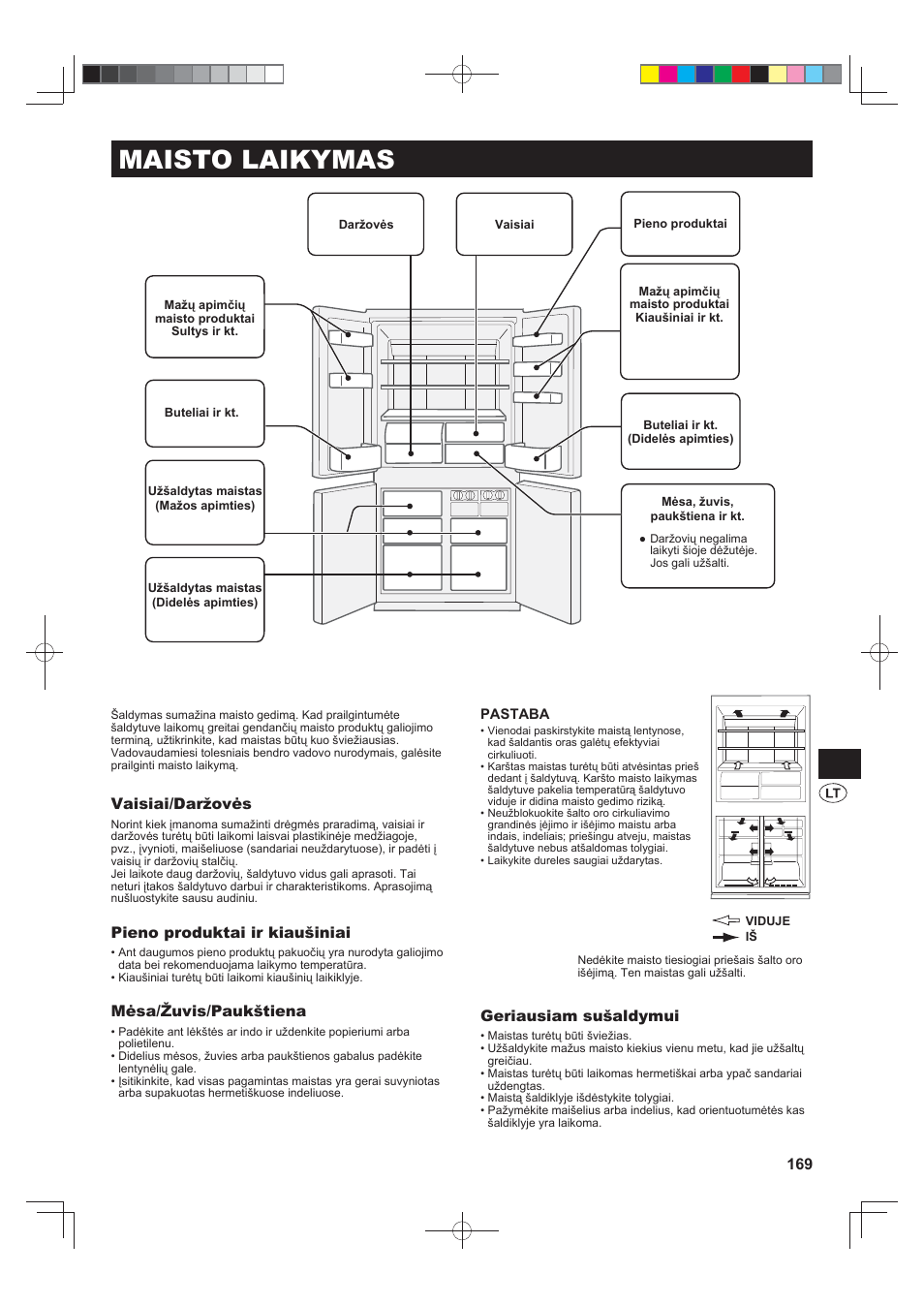 Maisto laikymas, Vaisiai/daržovės, Pieno produktai ir kiaušiniai | Mėsa/žuvis/paukštiena, Geriausiam sušaldymui | Sharp SJ-FJ810VBK User Manual | Page 169 / 232