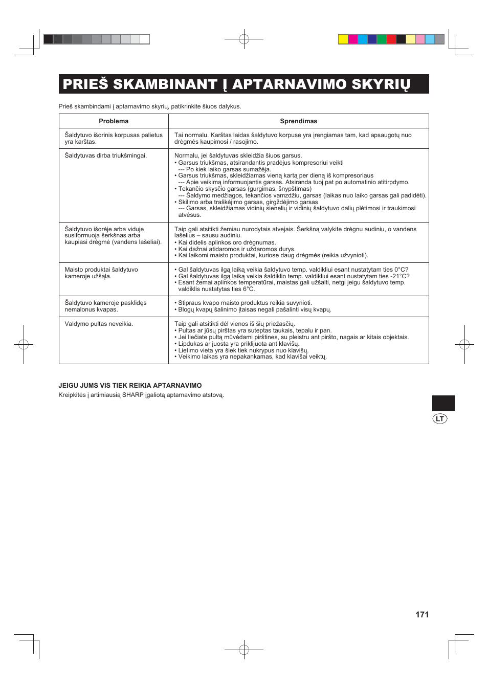 Prieš skambinant į aptarnavimo skyrių | Sharp SJ-FJ810VBK User Manual | Page 171 / 232