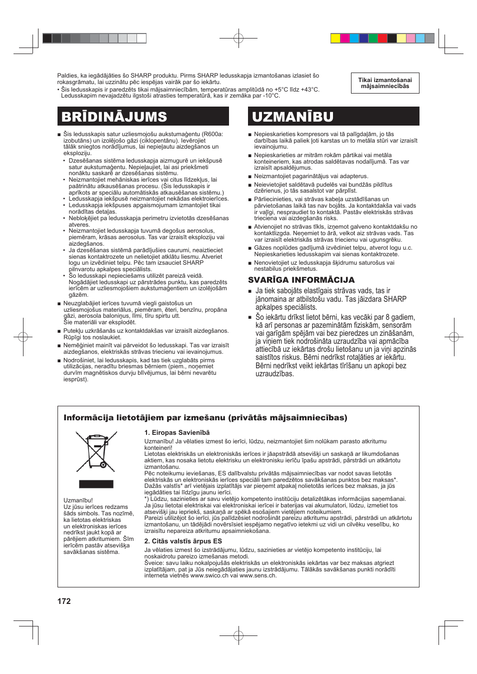 Brīdinājums uzmanību, Svarīga informācija | Sharp SJ-FJ810VBK User Manual | Page 172 / 232