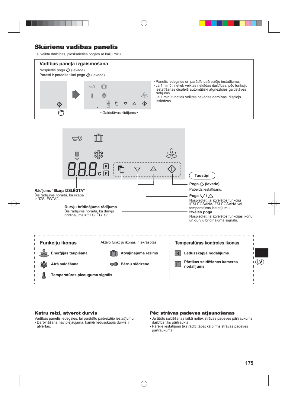 Skārienu vadības panelis, Vadības paneļa izgaismošana, Funkciju ikonas | Temperatūras kontroles ikonas | Sharp SJ-FJ810VBK User Manual | Page 175 / 232