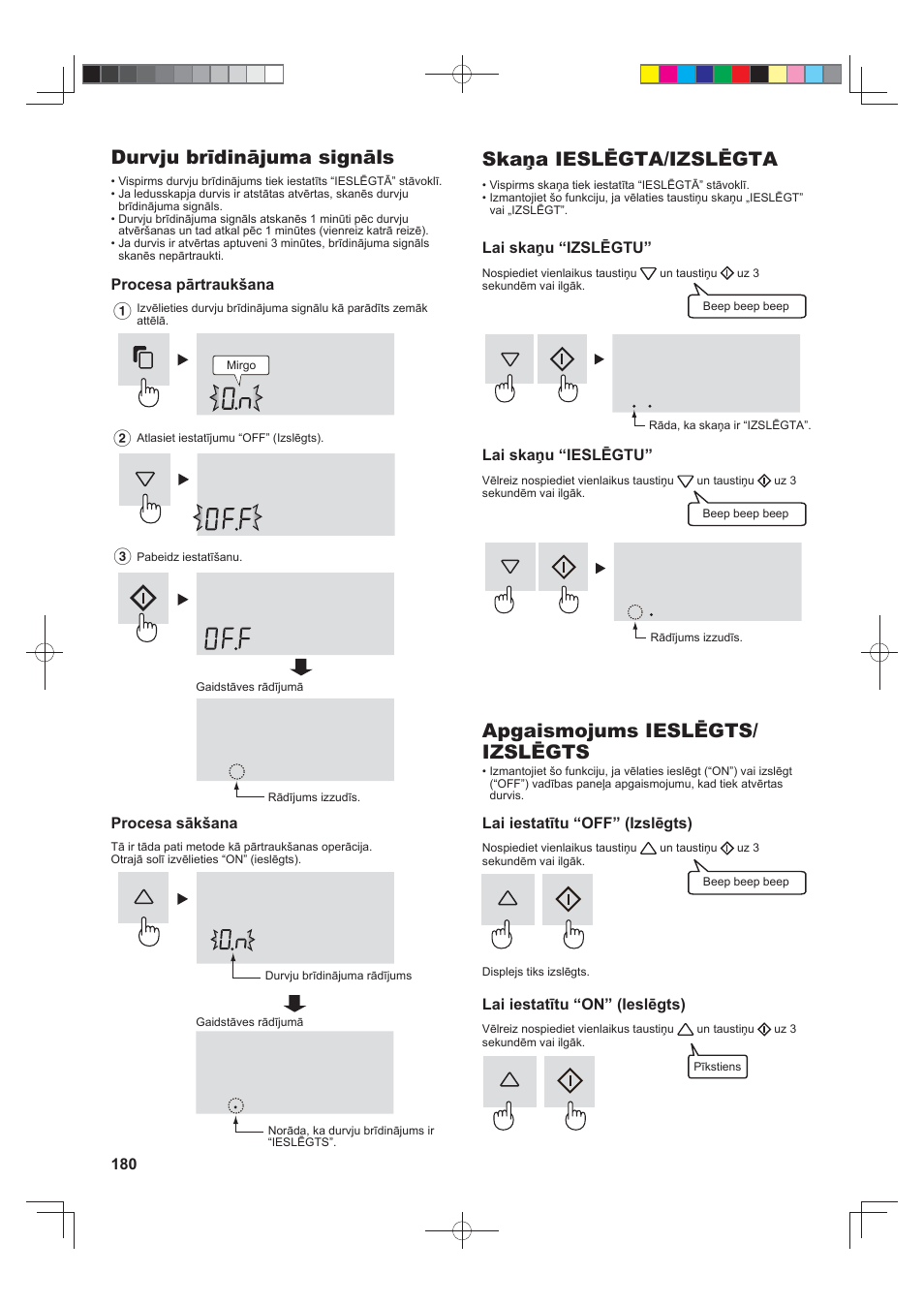 Durvju brīdinājuma signāls, Skaņa ieslēgta/izslēgta, Apgaismojums ieslēgts/ izslēgts | Sharp SJ-FJ810VBK User Manual | Page 180 / 232