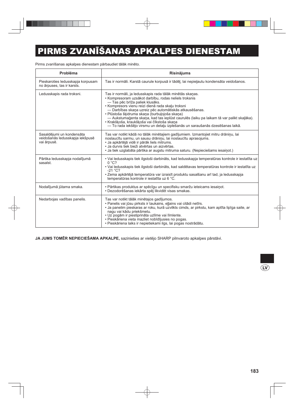 Pirms zvanīšanas apkalpes dienestam | Sharp SJ-FJ810VBK User Manual | Page 183 / 232