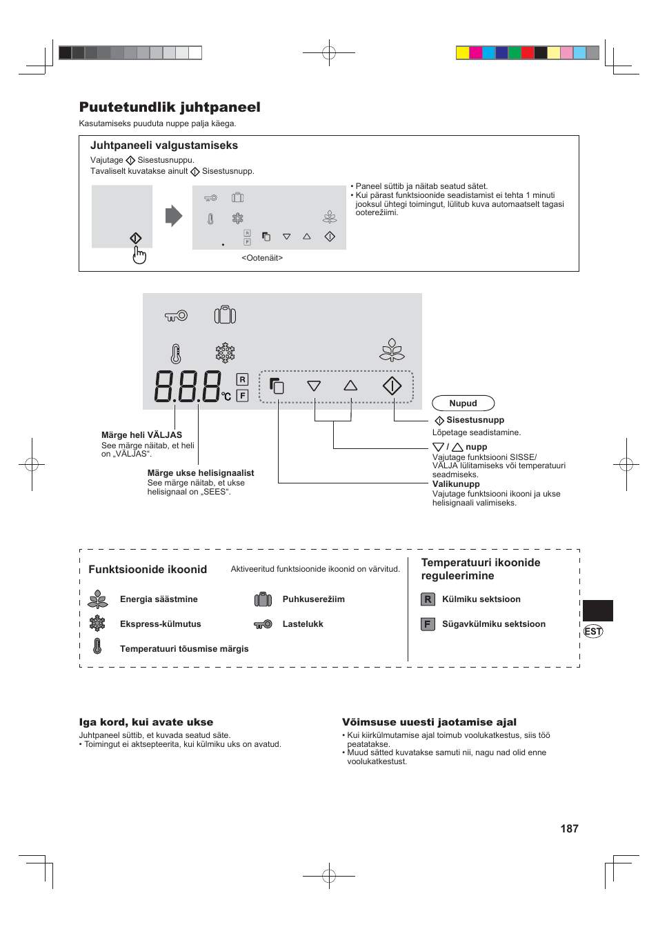 Puutetundlik juhtpaneel, Juhtpaneeli valgustamiseks, Funktsioonide ikoonid | Temperatuuri ikoonide reguleerimine | Sharp SJ-FJ810VBK User Manual | Page 187 / 232