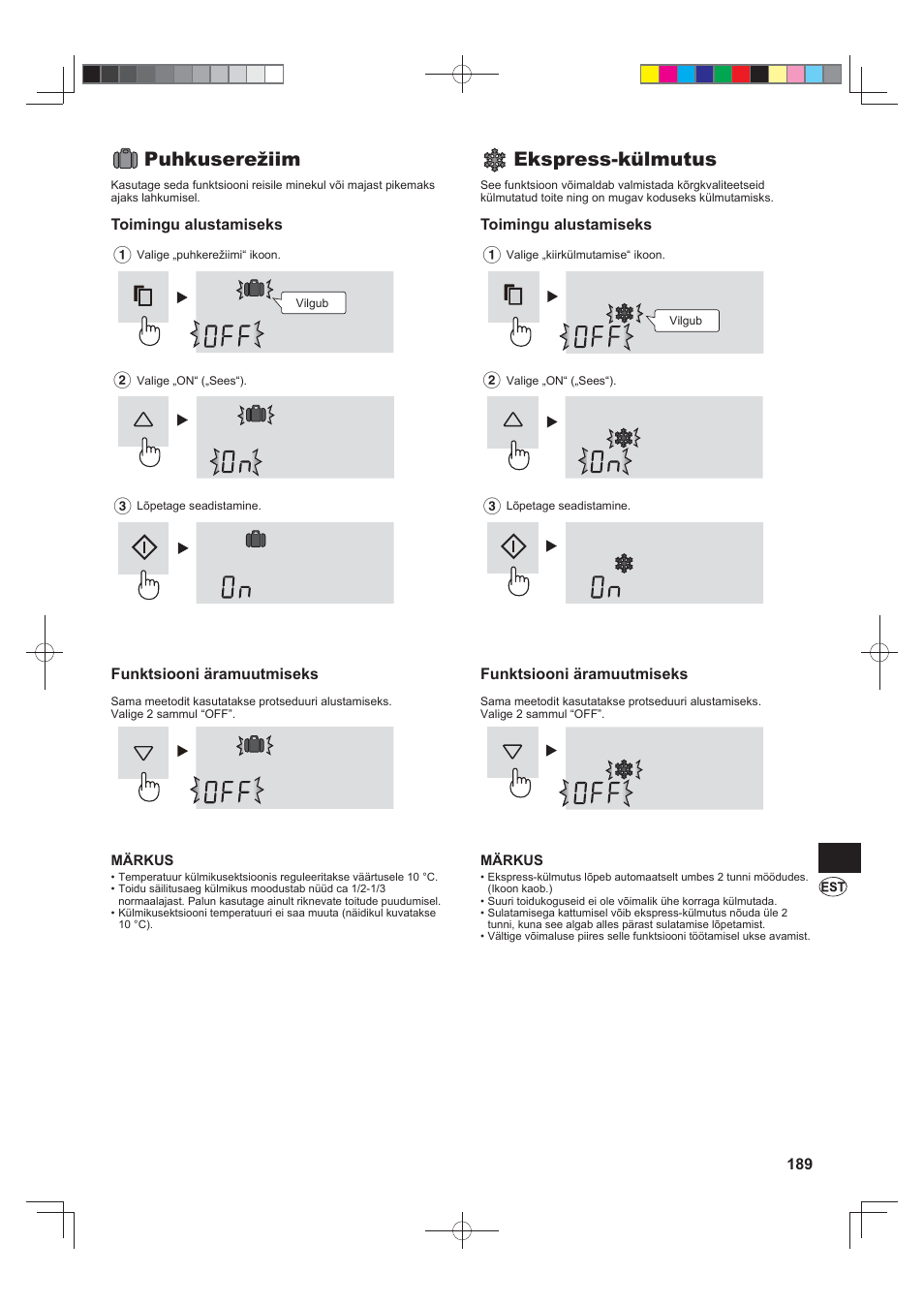 Puhkuserežiim, Ekspress-külmutus | Sharp SJ-FJ810VBK User Manual | Page 189 / 232