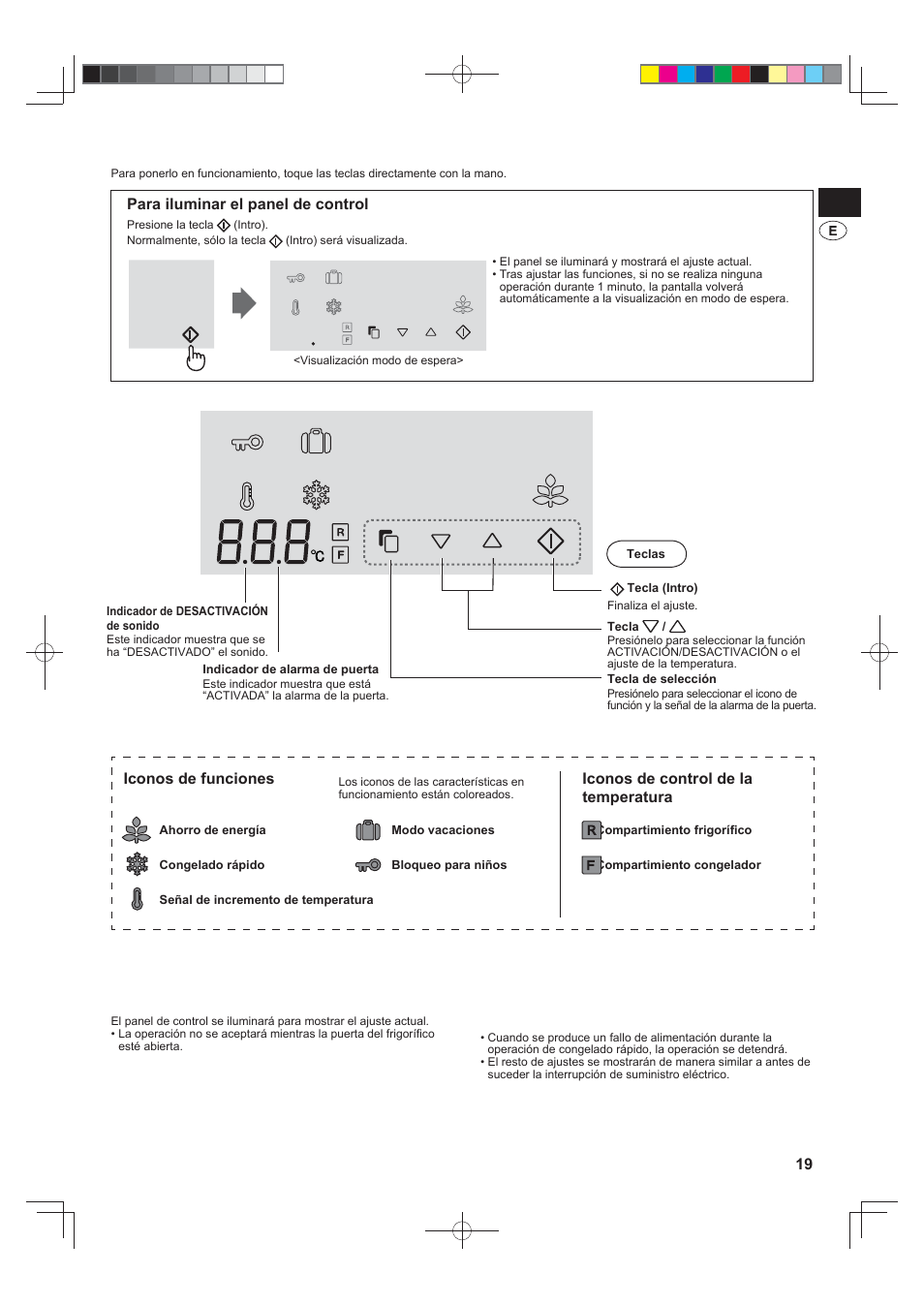 Panel de control táctil, Para iluminar el panel de control, Iconos de funciones | Iconos de control de la temperatura | Sharp SJ-FJ810VBK User Manual | Page 19 / 232