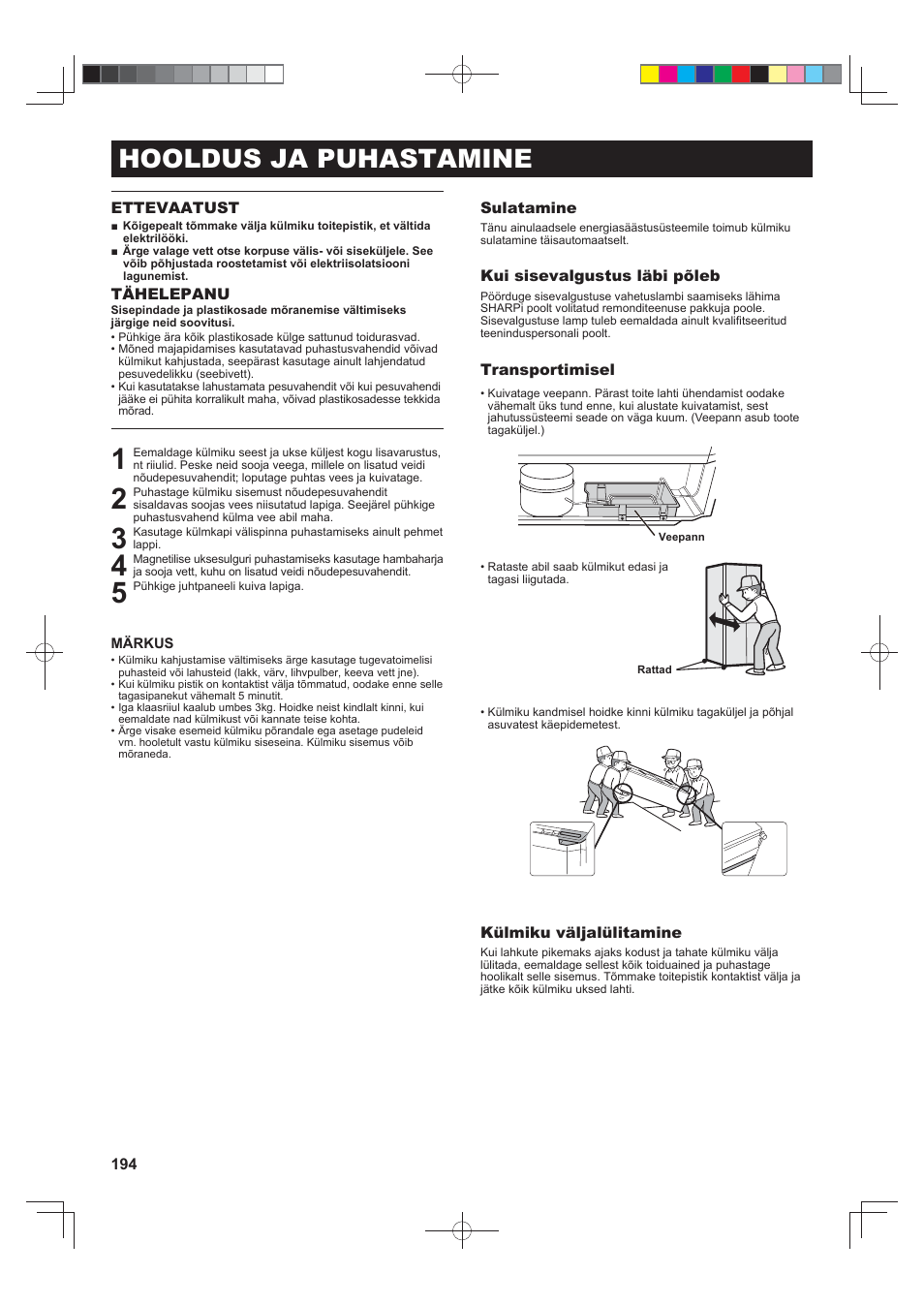 Hooldus ja puhastamine | Sharp SJ-FJ810VBK User Manual | Page 194 / 232