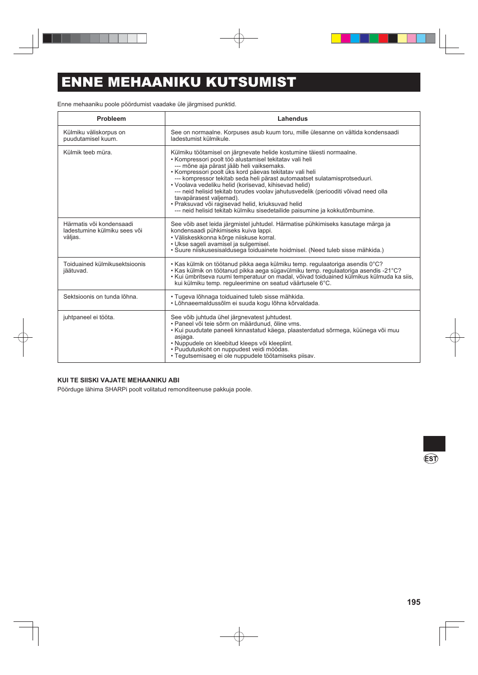 Enne mehaaniku kutsumist | Sharp SJ-FJ810VBK User Manual | Page 195 / 232