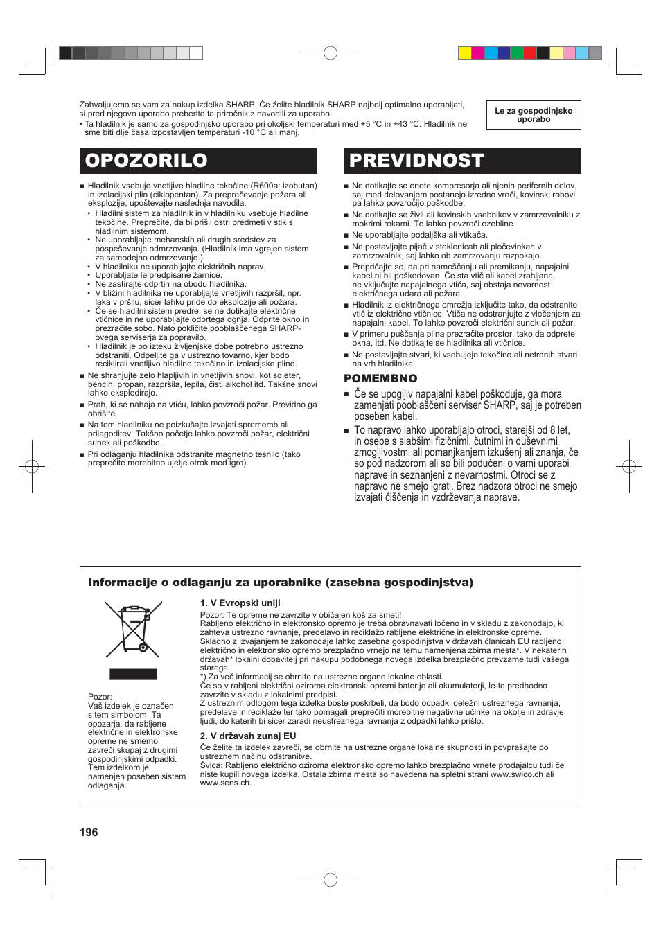 B484)e_3, Opozorilo previdnost, Pomembno | Sharp SJ-FJ810VBK User Manual | Page 196 / 232