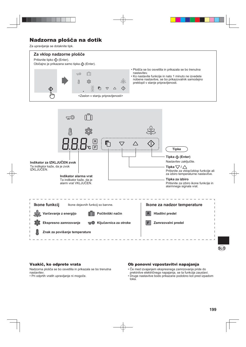 Nadzorna plošča na dotik, Za vklop nadzorne plošče, Ikone funkcij | Ikone za nadzor temperature | Sharp SJ-FJ810VBK User Manual | Page 199 / 232