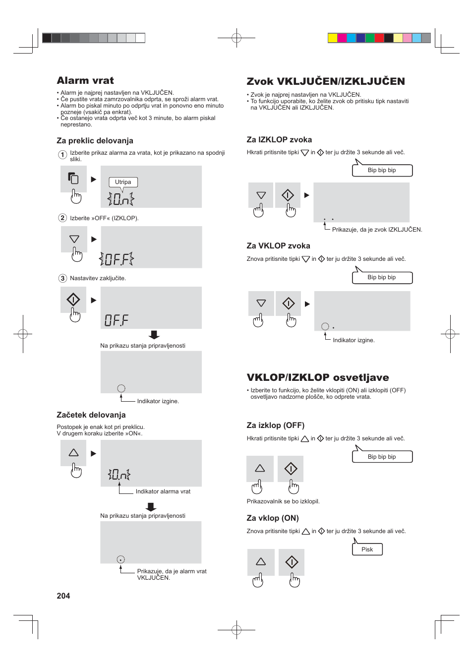 Alarm vrat, Zvok vključen/izključen, Vklop/izklop osvetljave | Sharp SJ-FJ810VBK User Manual | Page 204 / 232