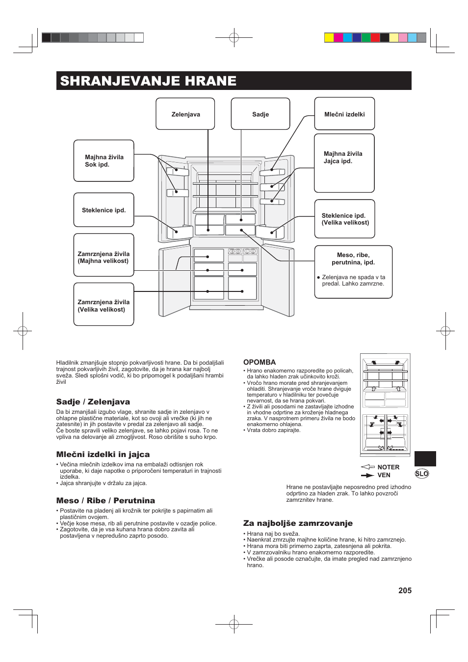 Shranjevanje hrane, Sadje / zelenjava, Mlečni izdelki in jajca | Meso / ribe / perutnina, Za najboljše zamrzovanje | Sharp SJ-FJ810VBK User Manual | Page 205 / 232