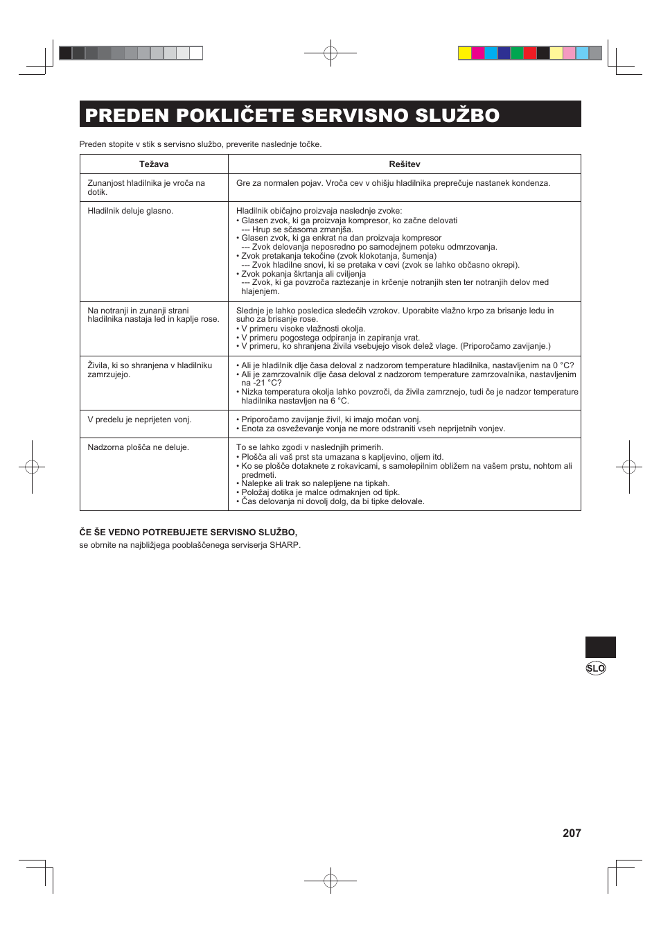 Preden pokličete servisno službo | Sharp SJ-FJ810VBK User Manual | Page 207 / 232