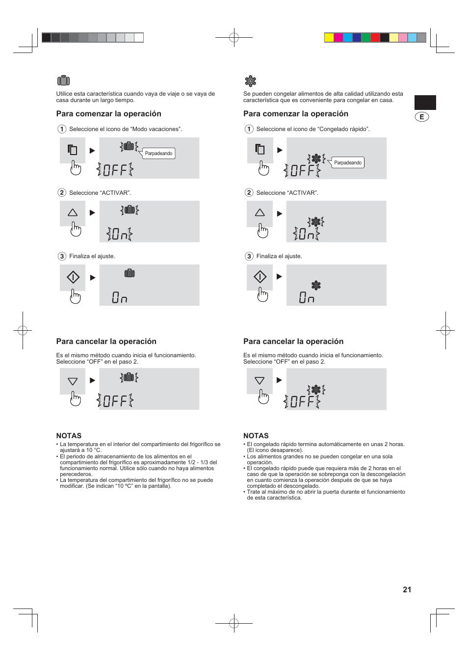 Modo vacaciones, Congelado rápido, Para comenzar la operación | Para cancelar la operación | Sharp SJ-FJ810VBK User Manual | Page 21 / 232