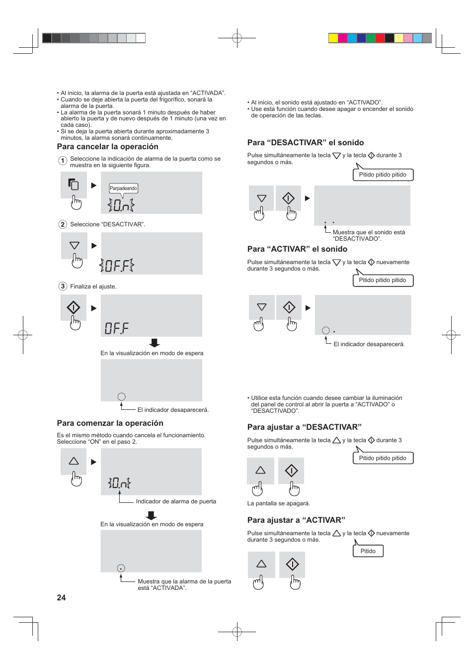 Alarma de la puerta, Sonido activado/ desactivado, Iluminación activada/ desactivada | Sharp SJ-FJ810VBK User Manual | Page 24 / 232