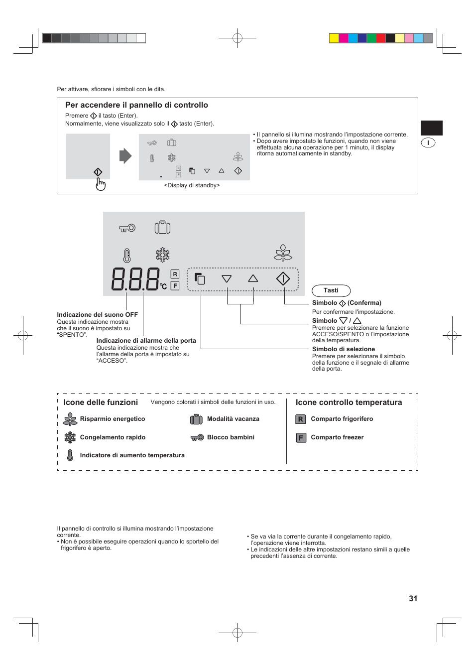 Pannello di controllo lcd a sfi oramento, Per accendere il pannello di controllo, Icone delle funzioni | Icone controllo temperatura | Sharp SJ-FJ810VBK User Manual | Page 31 / 232