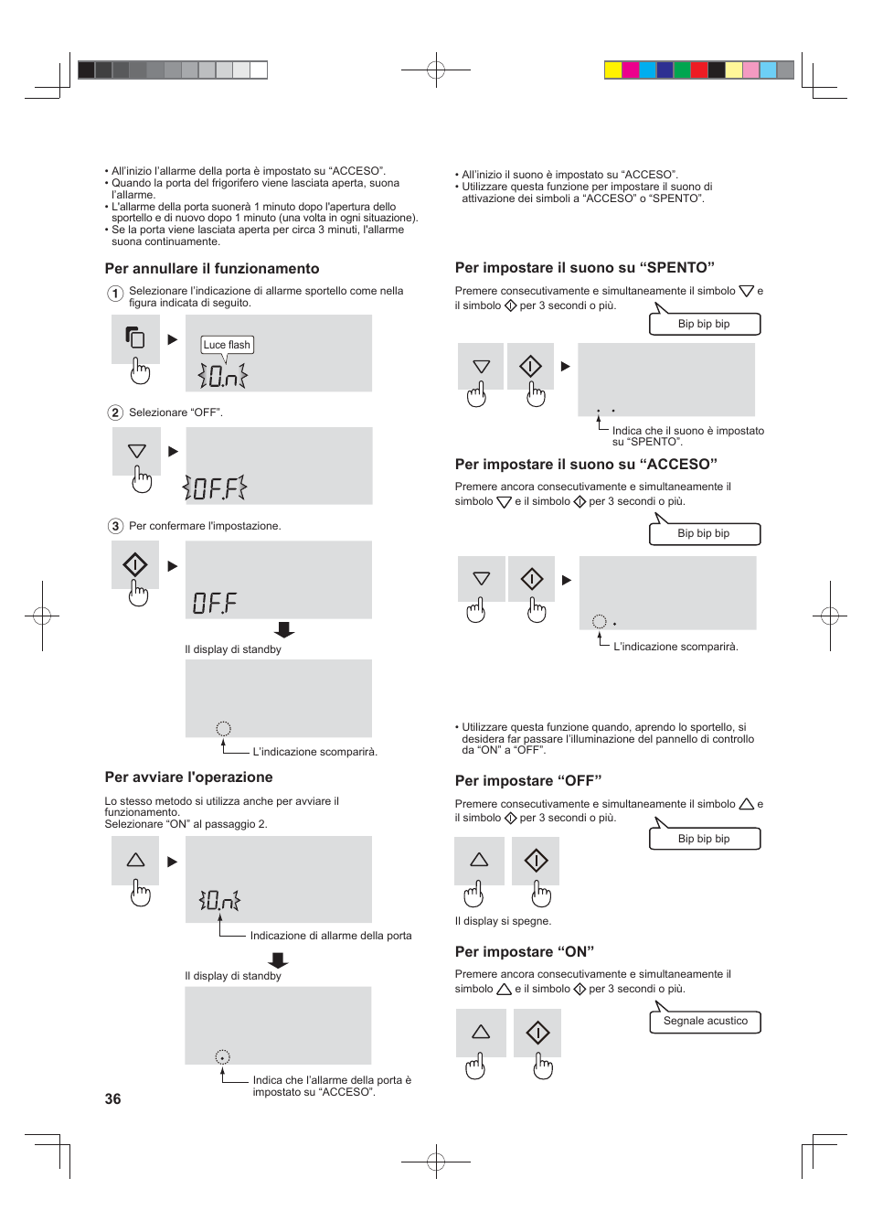 Allarme porte, Suono acceso/spento, Illuminazione on/off | Sharp SJ-FJ810VBK User Manual | Page 36 / 232