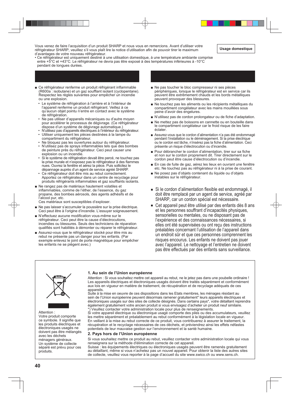 Avertissement attention, Important | Sharp SJ-FJ810VBK User Manual | Page 40 / 232