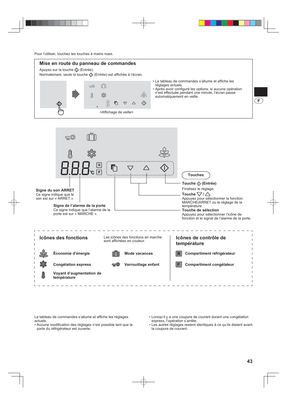 Panneau de commande tactile, Mise en route du panneau de commandes, Icônes des fonctions | Icônes de contrôle de température | Sharp SJ-FJ810VBK User Manual | Page 43 / 232