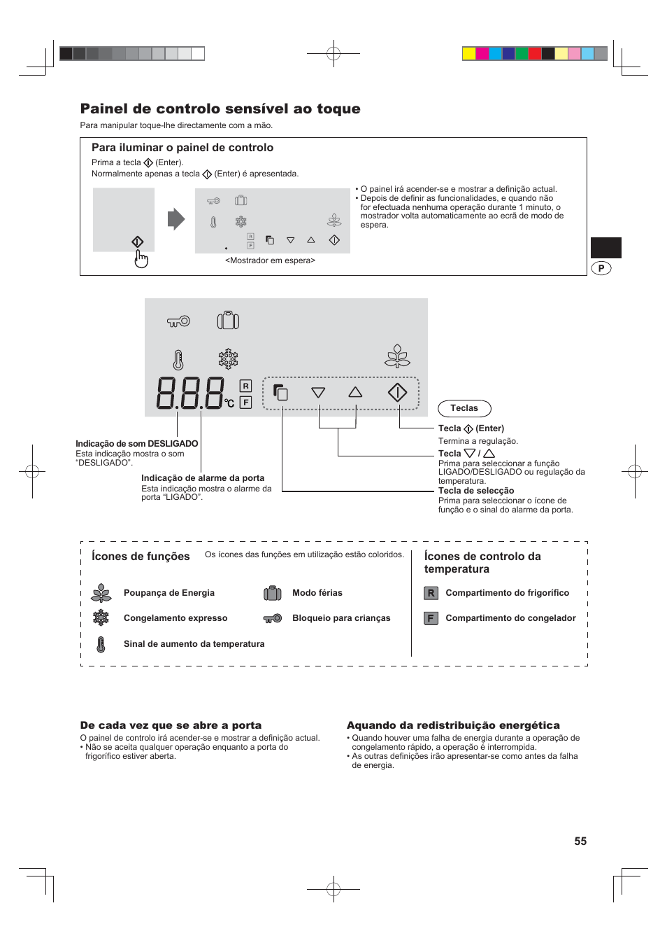 Painel de controlo sensível ao toque, Para iluminar o painel de controlo, Ícones de funções | Ícones de controlo da temperatura | Sharp SJ-FJ810VBK User Manual | Page 55 / 232