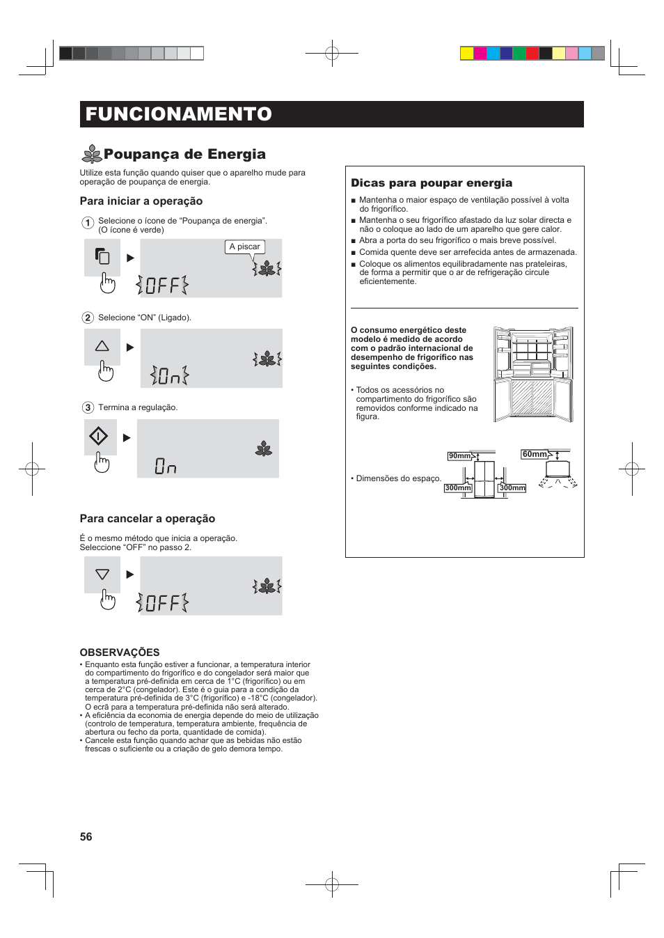 Funcionamento, Poupança de energia, Para iniciar a operação | Para cancelar a operação, Dicas para poupar energia | Sharp SJ-FJ810VBK User Manual | Page 56 / 232