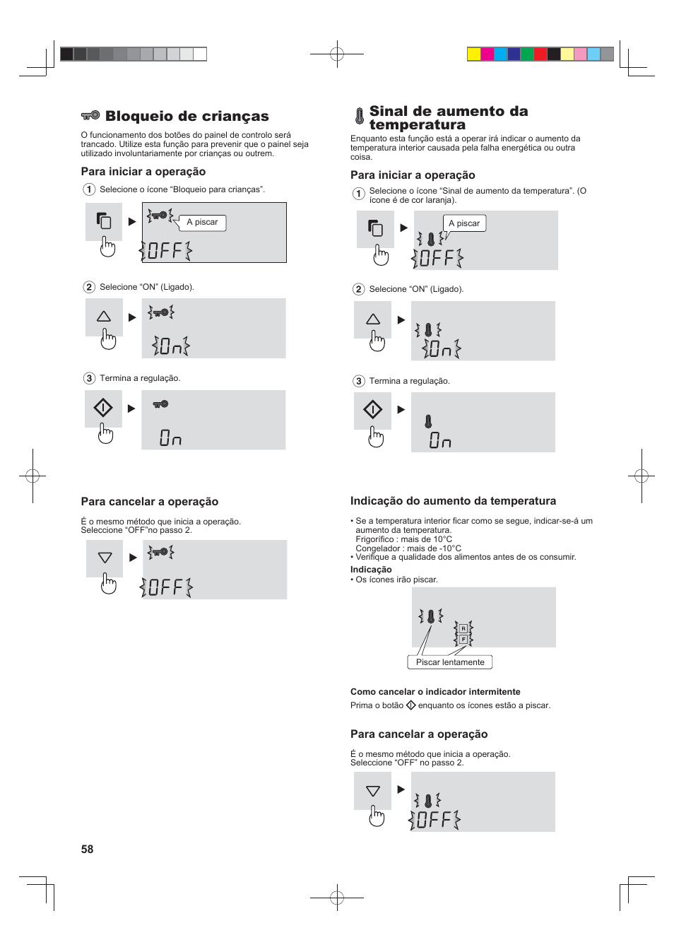 Bloqueio de crianças, Sinal de aumento da temperatura | Sharp SJ-FJ810VBK User Manual | Page 58 / 232