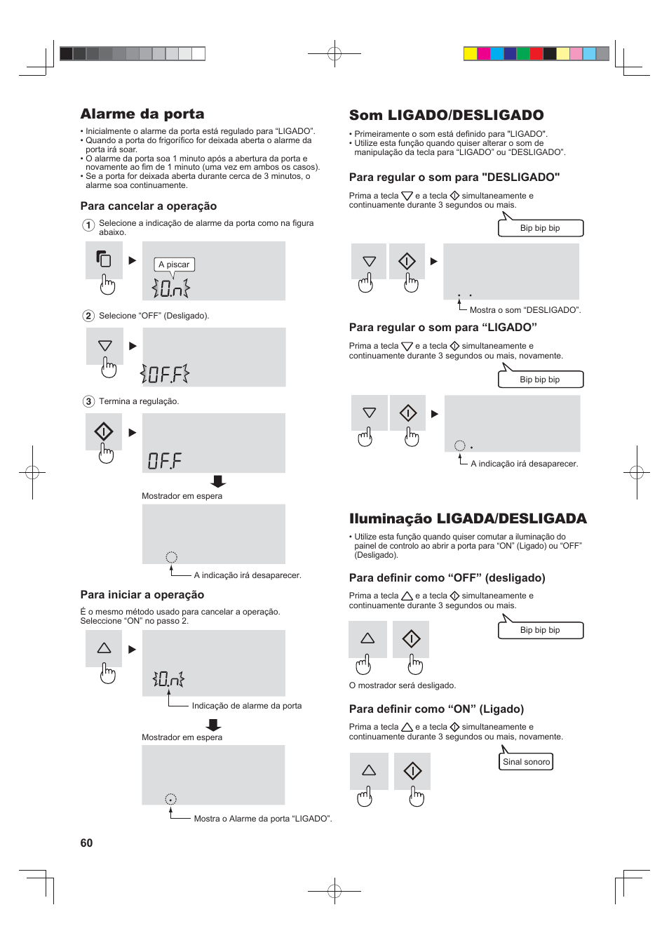 Alarme da porta, Som ligado/desligado, Iluminação ligada/desligada | Sharp SJ-FJ810VBK User Manual | Page 60 / 232