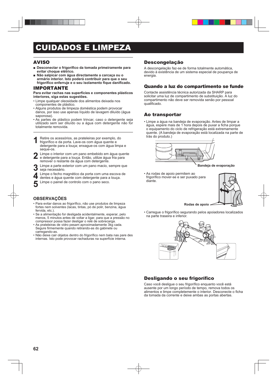 Cuidados e limpeza | Sharp SJ-FJ810VBK User Manual | Page 62 / 232