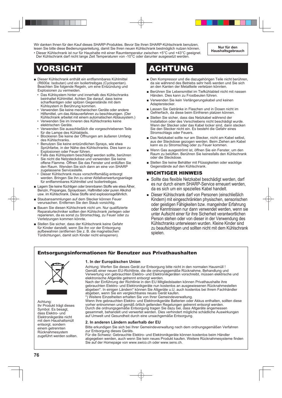 Vorsicht achtung, Wichtiger hinweis | Sharp SJ-FJ810VBK User Manual | Page 76 / 232