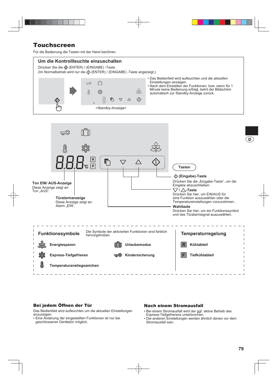 Touchscreen, Um die kontrollleuchte einzuschalten, Funktionssymbole | Temperaturregelung | Sharp SJ-FJ810VBK User Manual | Page 79 / 232