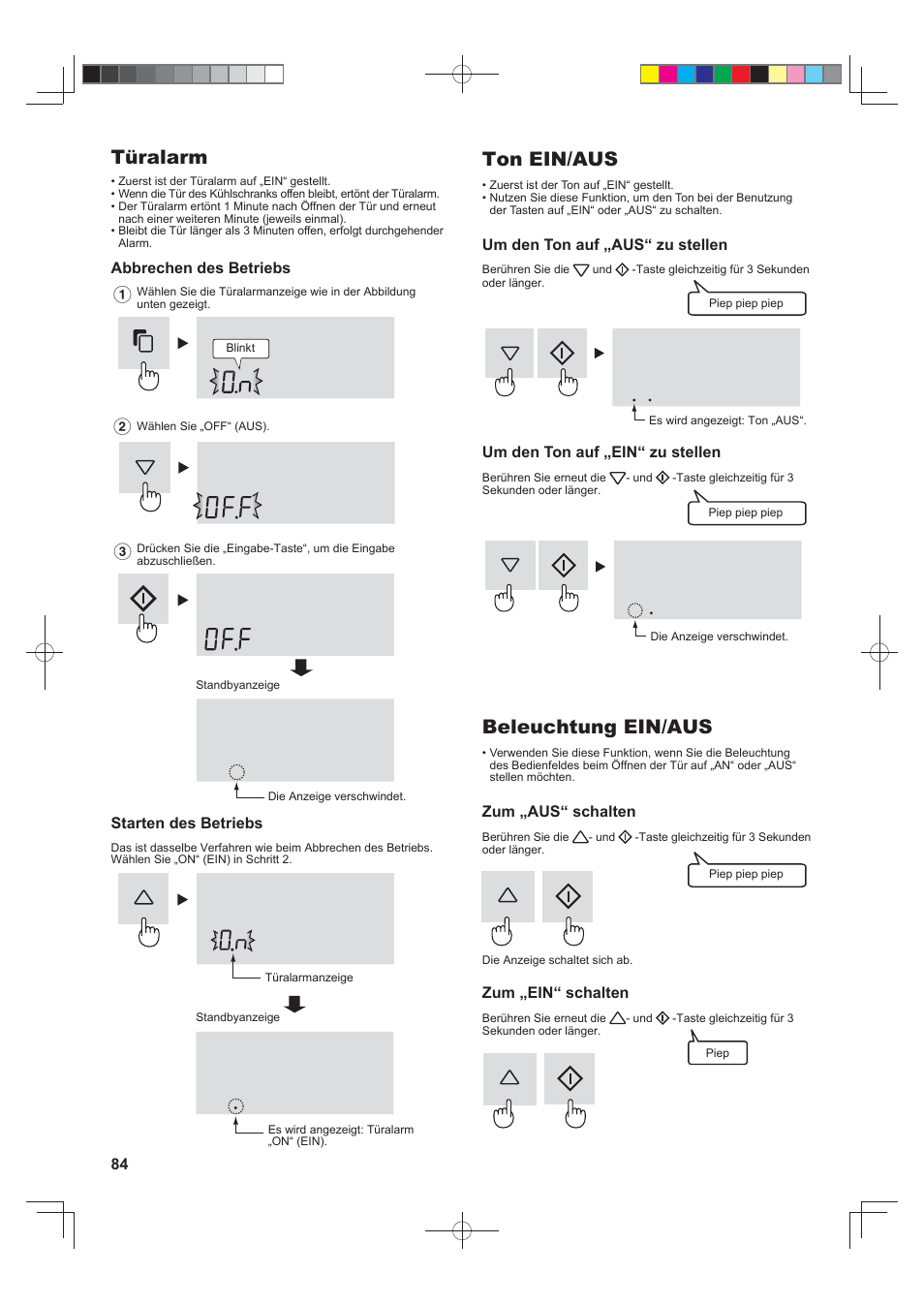 Türalarm, Ton ein/aus, Beleuchtung ein/aus | Sharp SJ-FJ810VBK User Manual | Page 84 / 232