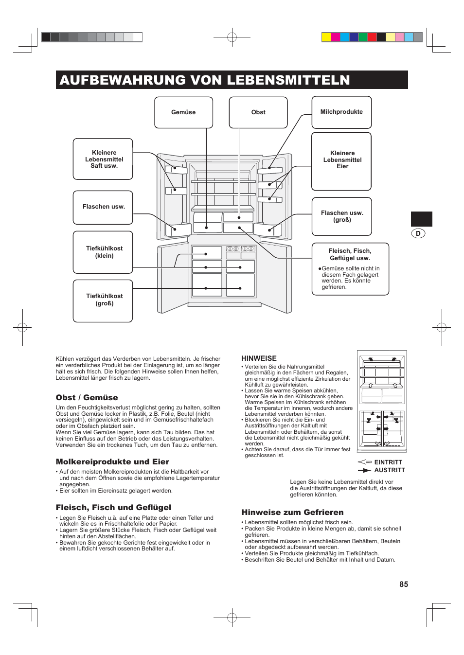 Aufbewahrung von lebensmitteln, Obst / gemüse, Molkereiprodukte und eier | Fleisch, fisch und gefl ügel, Hinweise zum gefrieren | Sharp SJ-FJ810VBK User Manual | Page 85 / 232