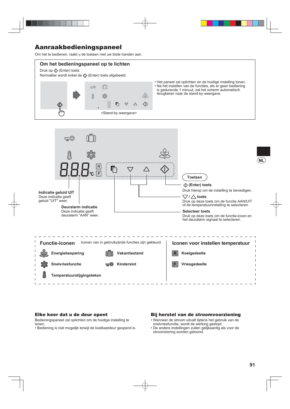 Aanraakbedieningspaneel, Om het bedieningspaneel op te lichten, Functie-iconen | Iconen voor instellen temperatuur | Sharp SJ-FJ810VBK User Manual | Page 91 / 232