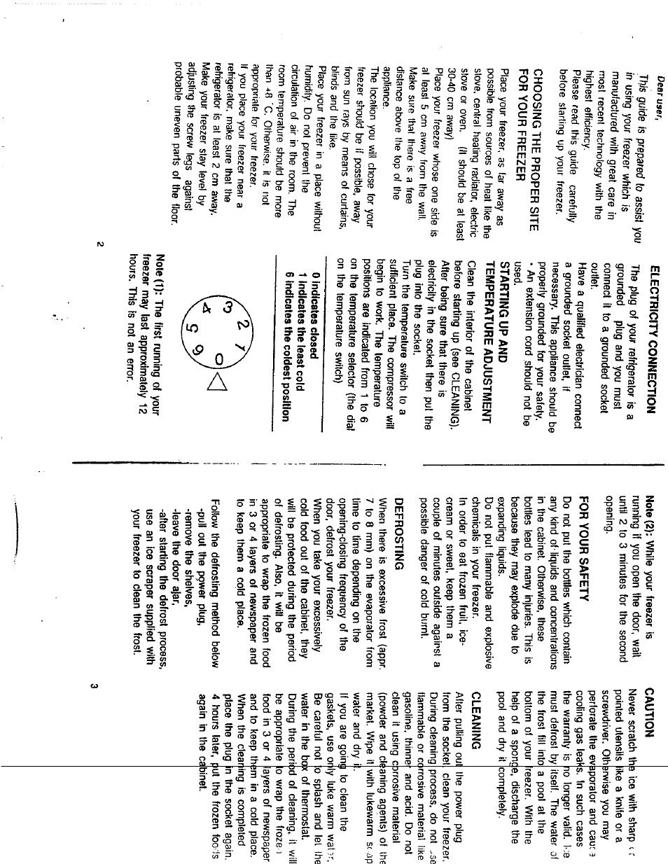 Choosing the proper site for your freezer, Electricity connection, Starting up and temperature adjustment | 0 indicates closed, 1 indicates the least cold, 6 indicates the coldest position, For your safety, Defrosting, Caution | Avanti 310VFYWH User Manual | Page 3 / 10