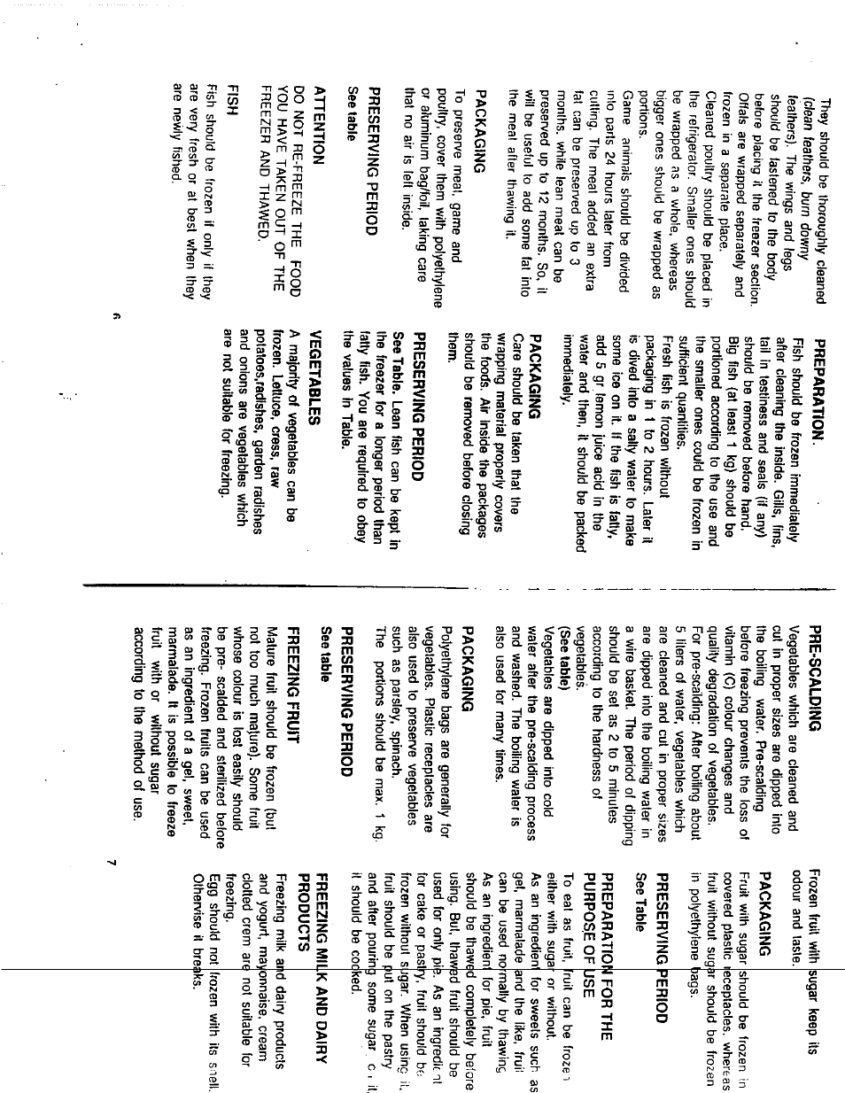 Packaging, Preserving period see table, Attention | Fish, Preparation, Preserving period, Vegetables, Pre-scalding, Freezing fruit, Preparatiofil for the | Avanti 310VFYWH User Manual | Page 5 / 10