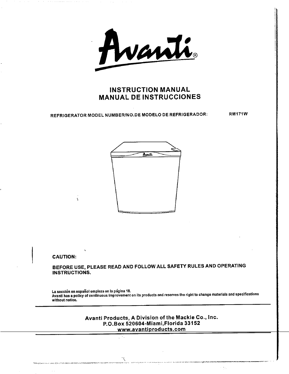 Avanti RM171W User Manual | 19 pages