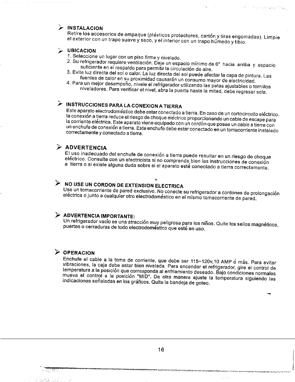 Instalacion, Ubicacion, Instrucciones para la conexion a tierra | No use un cordon de extension electrica, Advertencia importante, Operacion | Avanti RM171W User Manual | Page 16 / 19