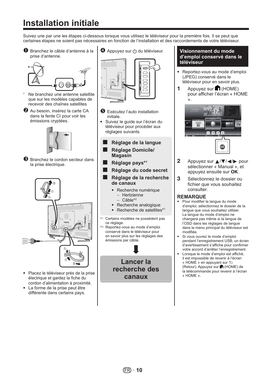 Installation initiale, Lancer la recherche des canaux | Sharp LC-70UHD80R User Manual | Page 10 / 60