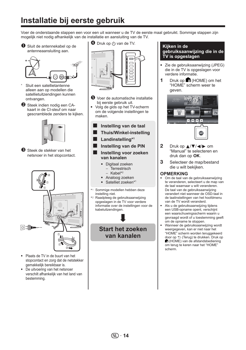 Installatie bij eerste gebruik, Start het zoeken van kanalen | Sharp LC-70UHD80R User Manual | Page 14 / 60