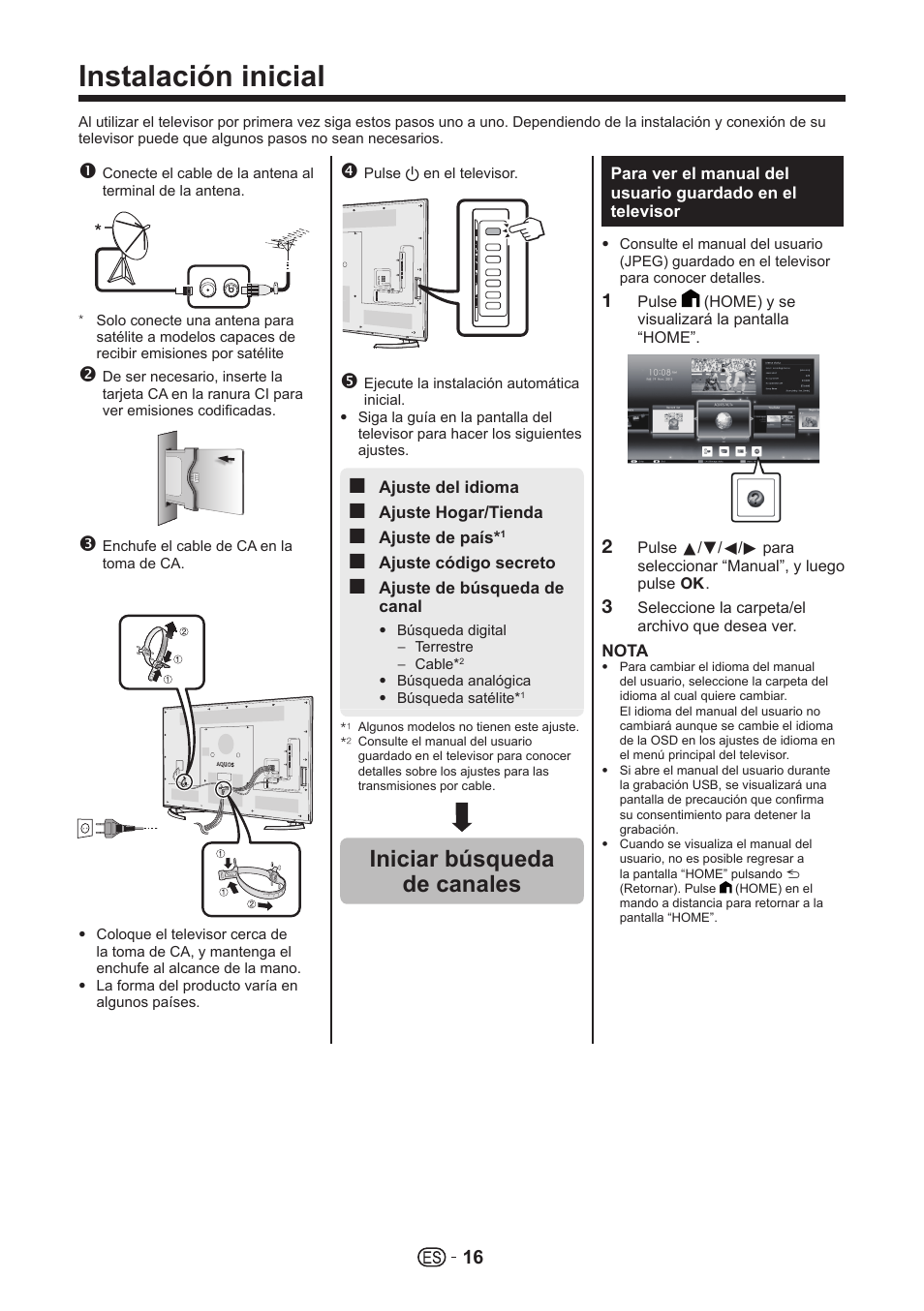 Instalación inicial, Iniciar búsqueda de canales | Sharp LC-70UHD80R User Manual | Page 16 / 60